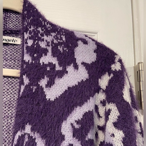 NWOT Serengeti Size L Purple White Fuzzy Oversized Open Front Knit Long Cardigan - Picture 2 of 10